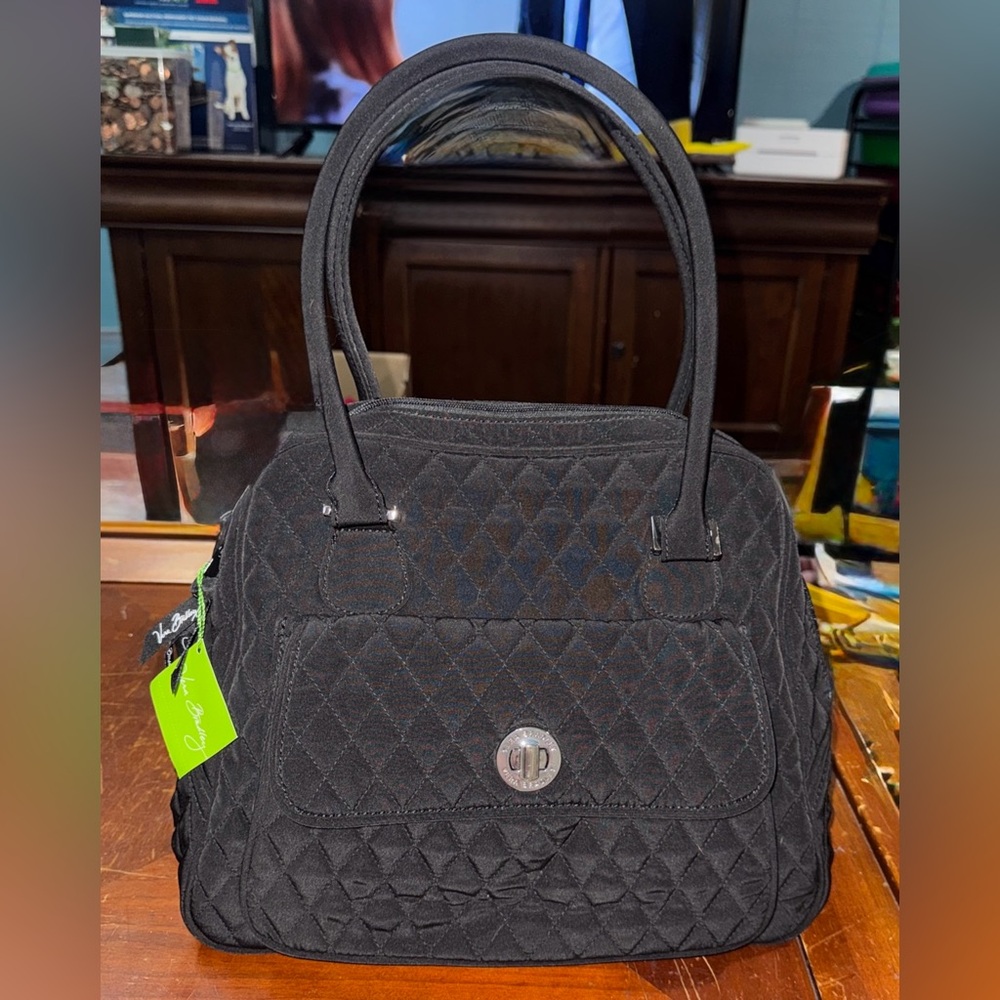 Vera Bradley Classic Black Turnlock Satchel Hand Bag 2 Handle Purse New